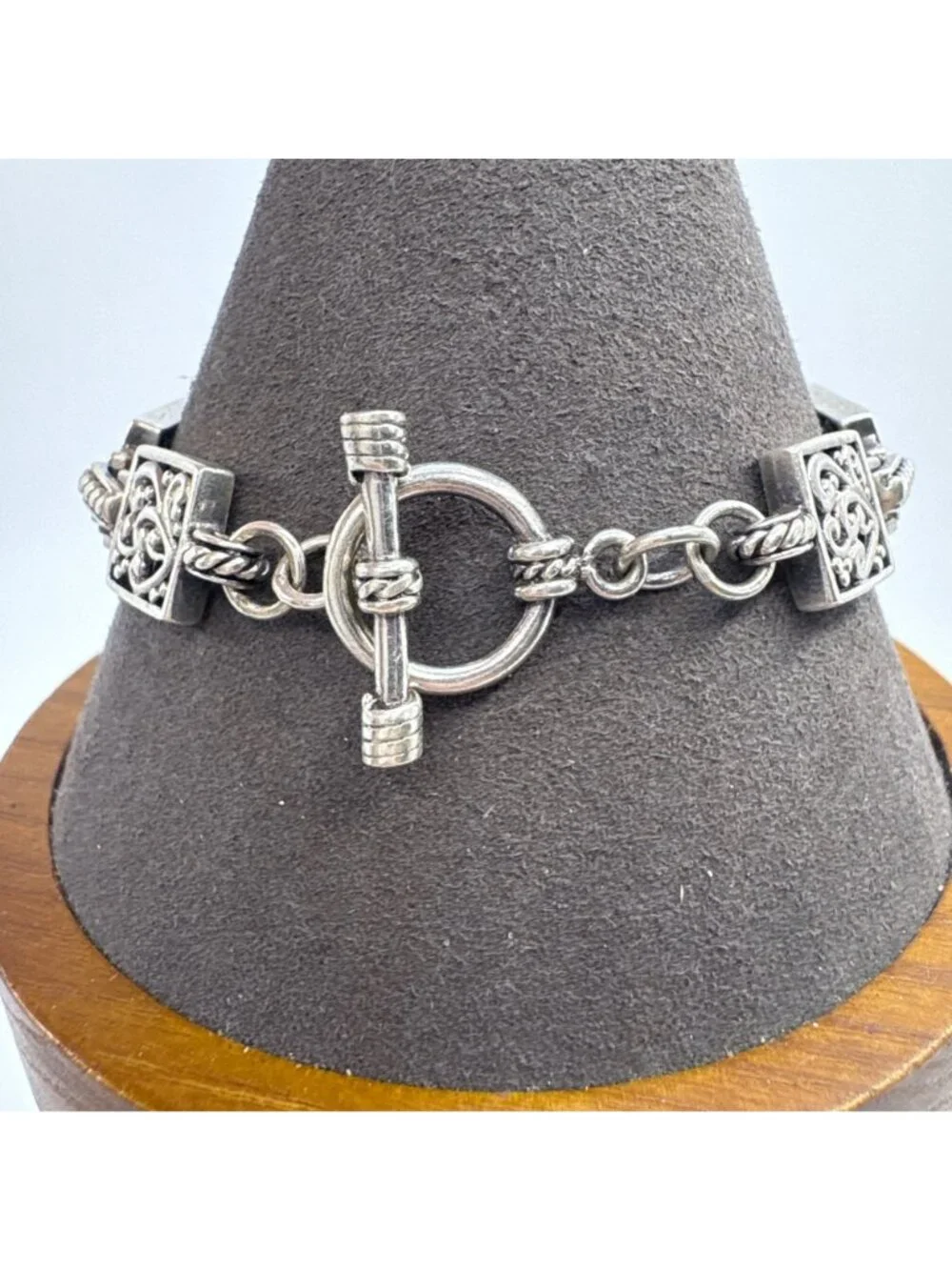 Scroll Design Link Bracelet Toggle Clasp Sterling Silver 925 Size 7.5
